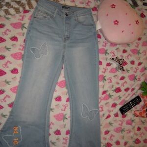 Light Blue Women's Jeans with Butterfly Design